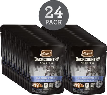 Show full view: Merrick Backcountry Grain-Free Morsels in Gravy Real Chicken Recipe Cuts Cat Food Pouches, 3-oz, case of 24 slide 3 of 12