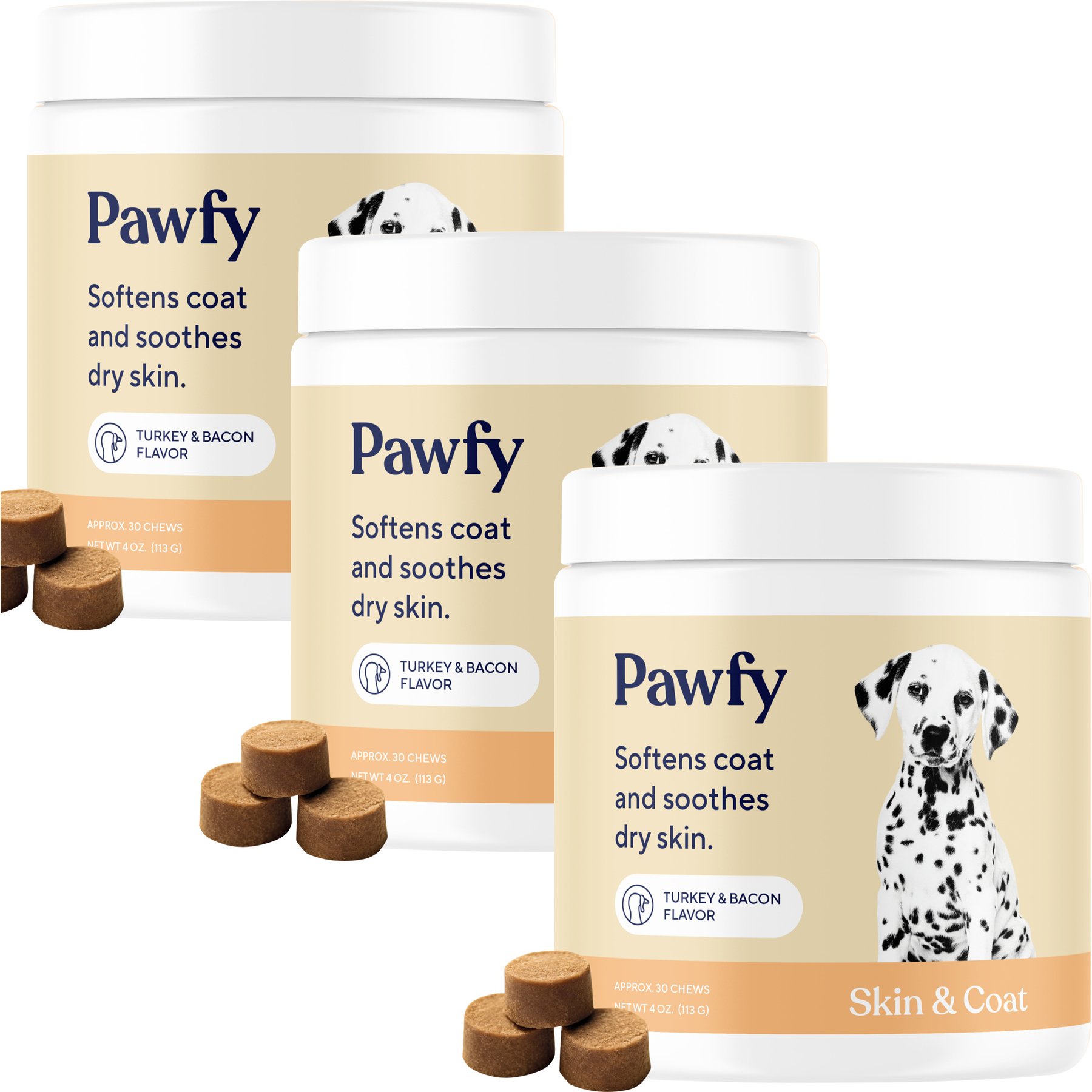 Pawfy Turkey & Bacon Flavored Chew Skin & Coat Supplement for Dogs, 90 count bundle