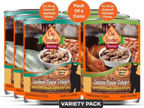 Show full view: Scoochie Pet Chef Scoochies Recipe Variety Pack with Real Chicken & Seafood in Savory Gravy Wet Cat Food, 14-oz can, case of 6 slide 3 of 8