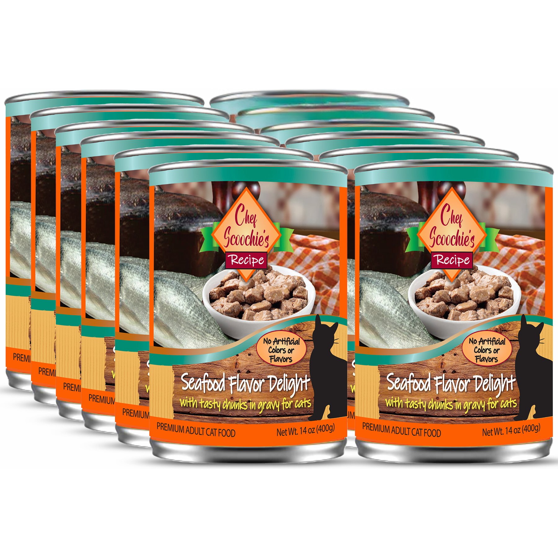 Scoochie Pet Chef Scoochies Recipe with Real Seafood Chunks in Savory Gravy Wet Cat Food, 14-oz can, case of 12