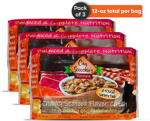 Show full view: Scoochie Pet Chef Scoochies Recipe Variety Pack with Real Chunky Seafood in Savory Gravy Wet Cat Food, 12-oz pouch, case of 12 slide 3 of 8