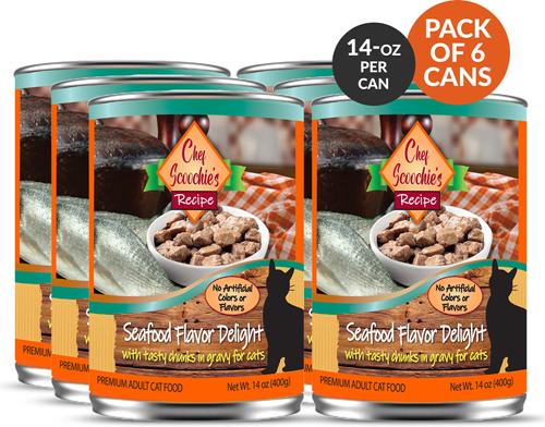 Show full view: Scoochie Pet Chef Scoochies Recipe with Real Seafood Chunks in Savory Gravy Wet Cat Food, 14-oz can, case of 6 slide 3 of 8