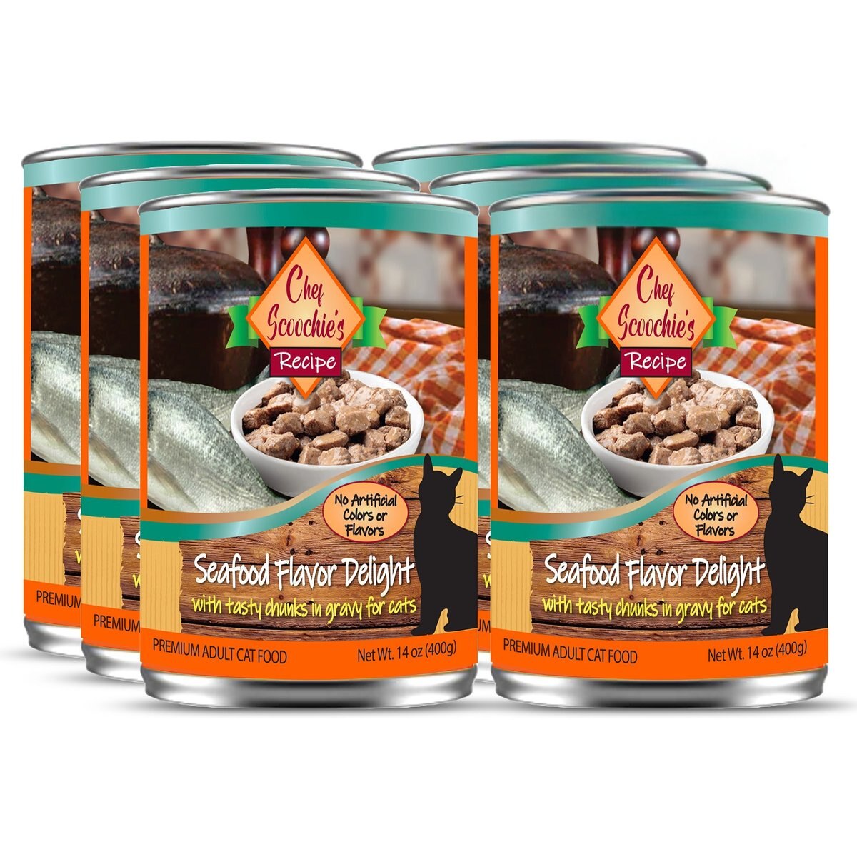 Scoochie Pet Chef Scoochies Recipe with Real Seafood Chunks in Savory Gravy Wet Cat Food, 14-oz can, case of 6