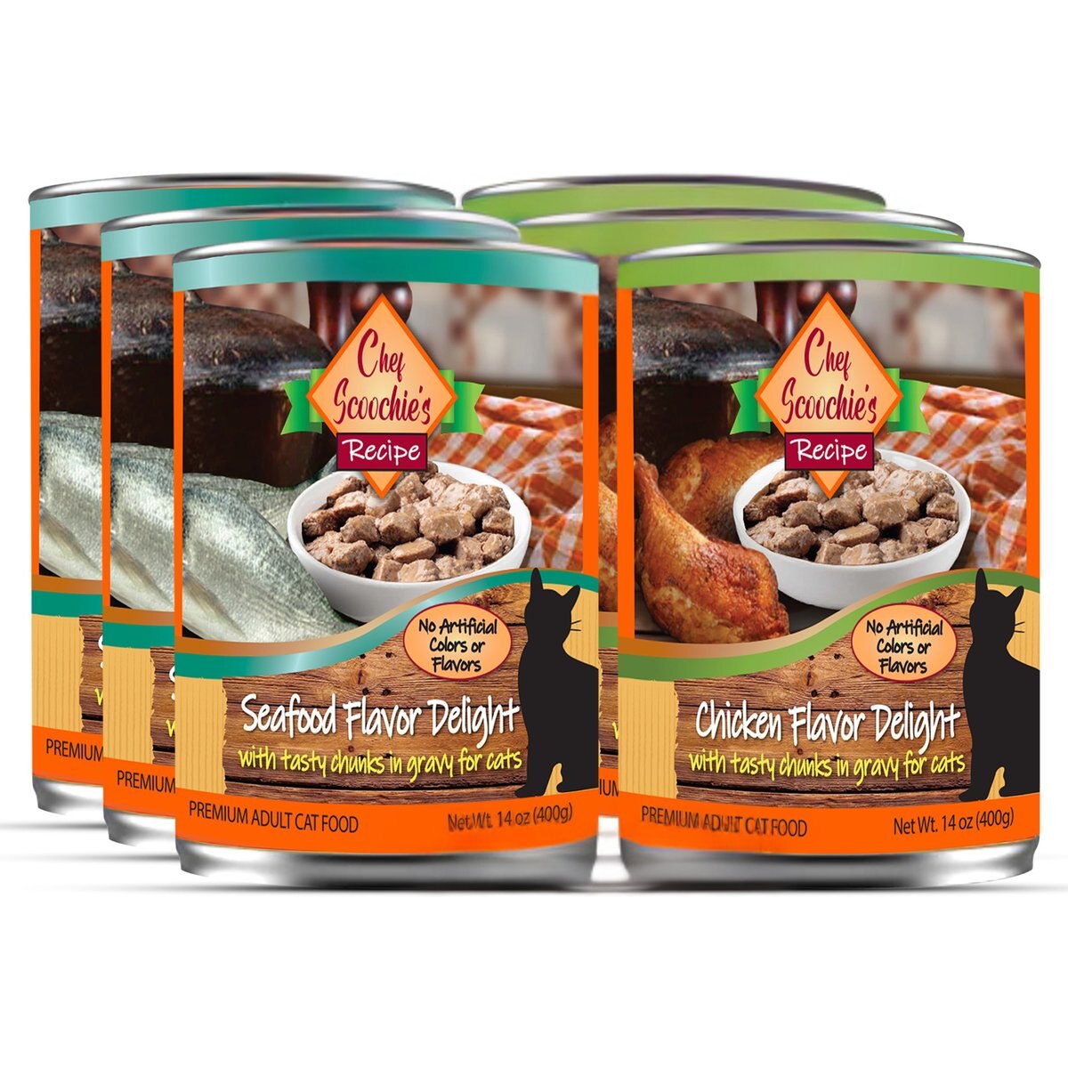 Scoochie Pet Chef Scoochies Recipe Variety Pack with Real Chicken & Seafood in Savory Gravy Wet Cat Food, 14-oz can, case of 6