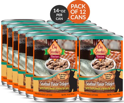 Show full view: Scoochie Pet Chef Scoochies Recipe with Real Seafood Chunks in Savory Gravy Wet Cat Food, 14-oz can, case of 12 slide 3 of 8