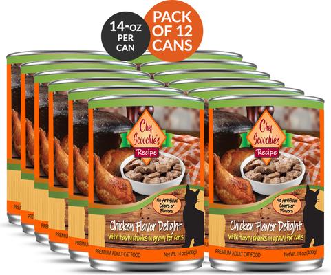 Show full view: Scoochie Pet Chef Scoochies Recipe with Real Chicken Chunks in Savory Gravy Wet Cat Food, 14-oz can, case of 12 slide 3 of 9