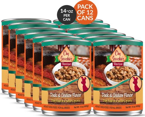 Show full view: Scoochie Pet Chef Scoochies Recipe with Real Duck & Chicken in Savory Gravy Wet Dog Food, 14-oz can, case of 12 slide 3 of 8