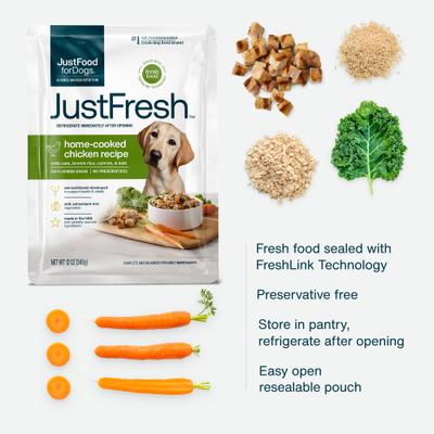 Show full view: JustFoodForDogs JustFresh Human Grade Home-Cooked Chicken Recipe Fresh Dog Food, 12-oz pouch, bundle of 14  slide 6 of 9