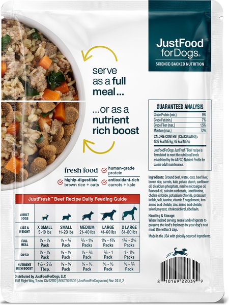 JustFoodForDogs JustFresh Human Grade Home-Cooked Beef Recipe Fresh Dog Food, 12-oz pouch