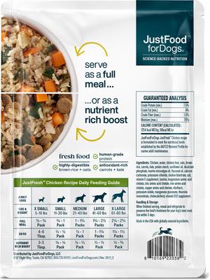 Show full view: JustFoodForDogs JustFresh Human Grade Home-Cooked Chicken Recipe Fresh Dog Food, 12-oz pouch, bundle of 14  slide 4 of 9