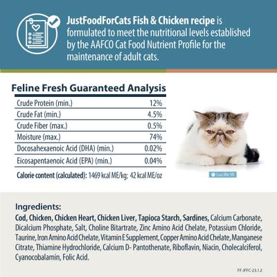 Show full view: JustFoodForCats Fish & Chicken Recipe Frozen Human-Grade Fresh Cat Food, 18-oz pouch, case of 21 slide 8 of 10