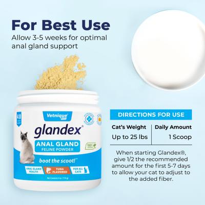 Show full view: Vetnique Labs Glandex Feline Anal Gland Support Probiotic & Digestion Tuna Flavored Powder Supplement for Cats, 2 count slide 8 of 11