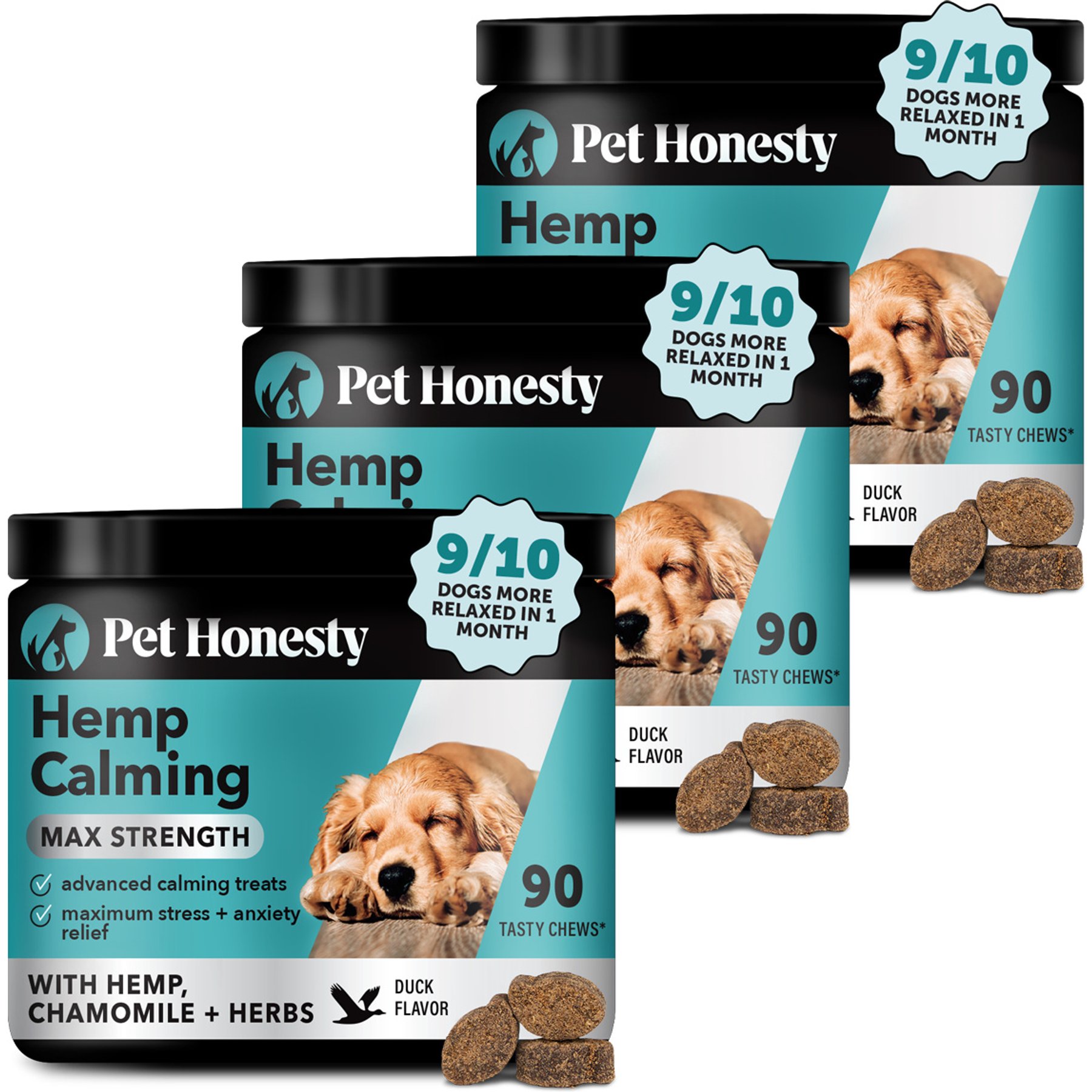 Pet Honesty Hemp Calming Max-Strength Duck Flavored Melatonin, Ashwaganda & L-Theanine Chews Calming & Anxiety Supplement for Dogs, 270 count bundle