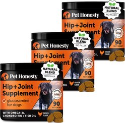 Pet Honesty Hip & Joint Supplement Chicken Flavored Glucosamine & Chondroitin with MSM, Turmeric Hip & Joint Chews for Dogs, 270 count bundle
