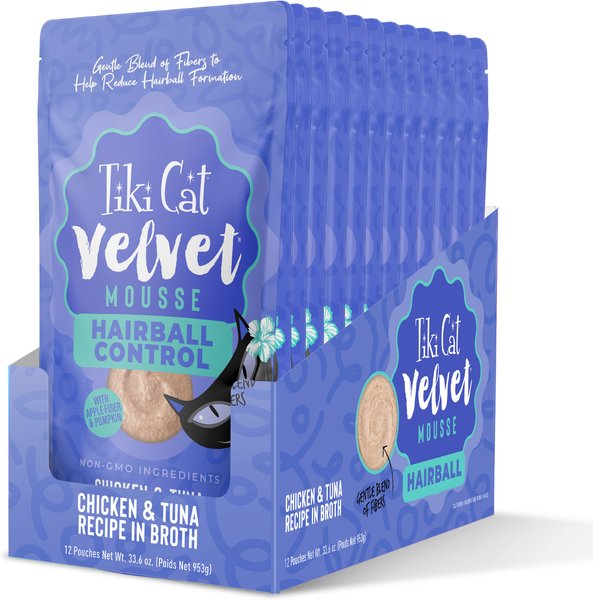 Tiki Cat Velvet Mousse Hairball Chicken & Tuna Recipe Grain-Free Pate in Broth Wet Cat Food