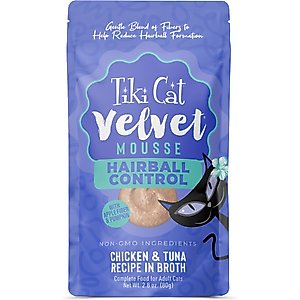 Tiki Cat Velvet Mousse Hairball Chicken & Tuna Recipe Grain-Free Pate in Broth Wet Cat Food, 2.8-oz pouch, case of 12