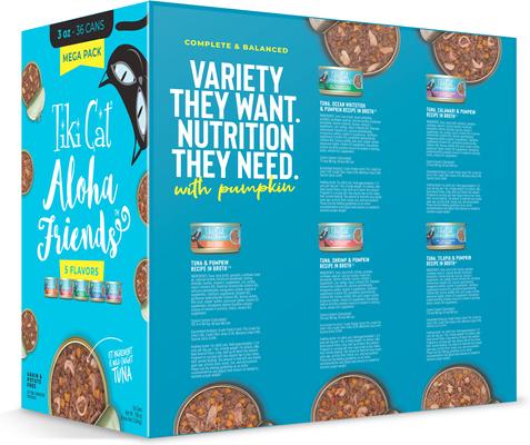 Show full view: Tiki Cat Aloha Friends Tuna Favorites Mega Variety Pack Grain-Free Flaked Wet Cat Food, 3-oz can, case of 36 slide 3 of 10