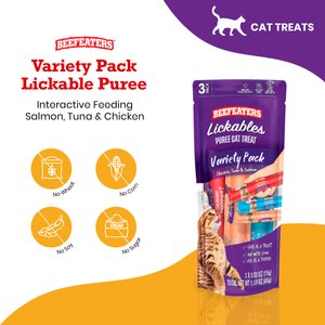 Beefeaters Lickables Puree Variety Pack Cat Treat, 1.59-oz bag, case of 12