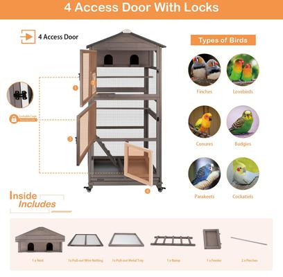 Show full view: Petscosset Outdoor Wooden Aviary Bird Cage on Wheels, Brown, 31-in slide 4 of 9