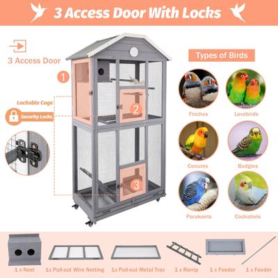 Show full view: Petscosset Outdoor Wooden Aviary Bird Cage, Brown, 33-in slide 3 of 9