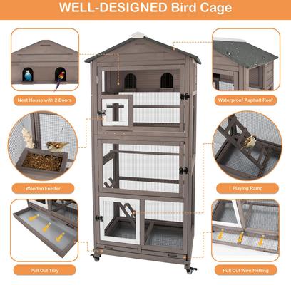 Show full view: Petscosset Outdoor Wooden Aviary Bird Cage on Wheels, Brown, 31-in slide 5 of 9
