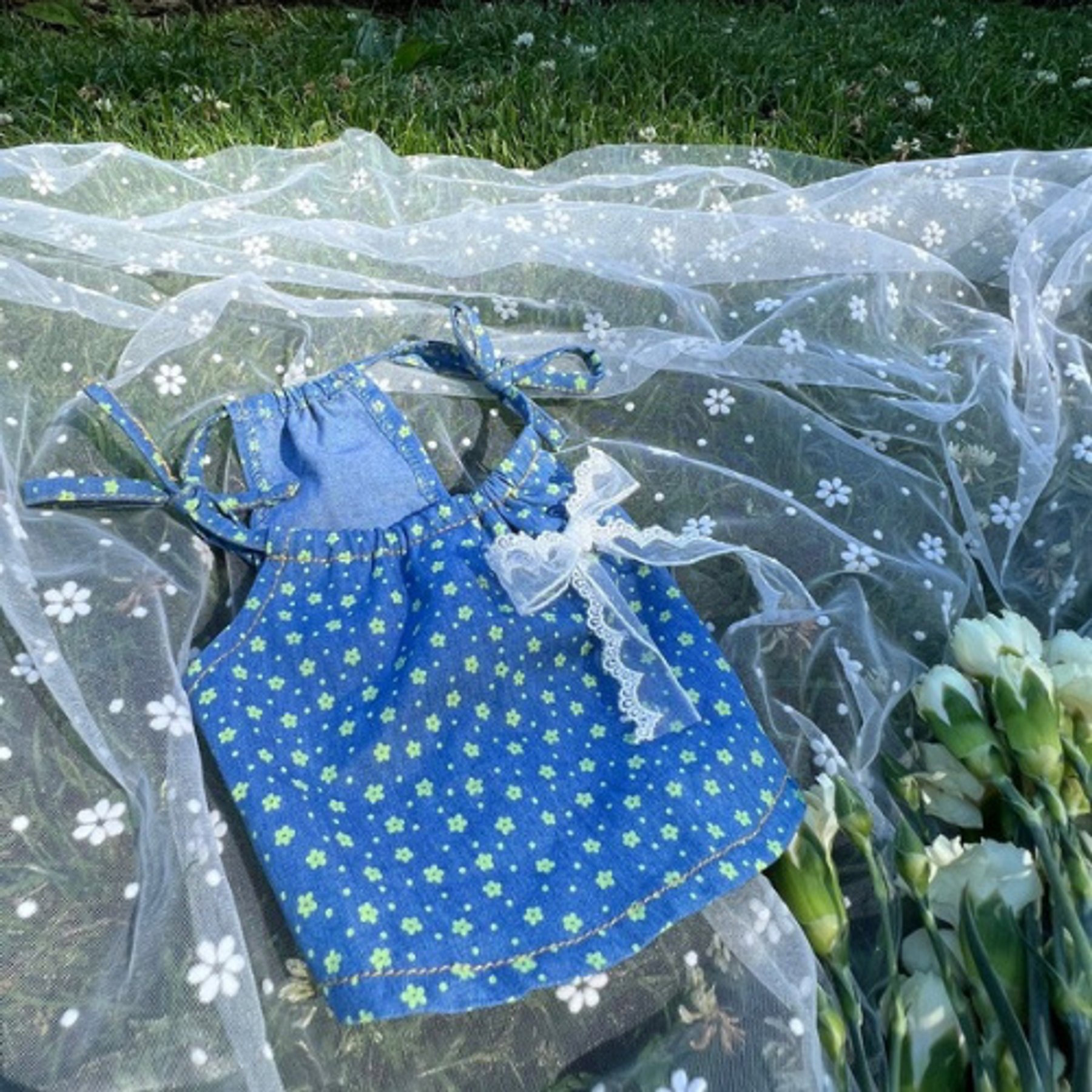Dolly Pet Floral Glow Denim Dress with Lace Bow Dog Dress, Light/Neon Green, X-Small
