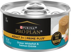 Purina Pro Plan Prime Plus Adult 7+ Ocean Whitefish & Salmon Entree Classic Canned Cat Food, 3-oz, case of 24