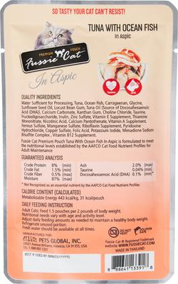 Show full view: Fussie Cat Premium Tuna with Ocean Fish in Aspic Wet Cat Food, 2.47-oz pouch, case of 12 slide 3 of 6