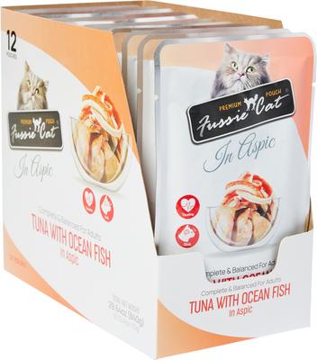 Show full view: Fussie Cat Premium Tuna with Ocean Fish in Aspic Wet Cat Food, 2.47-oz pouch, case of 12 slide 4 of 6