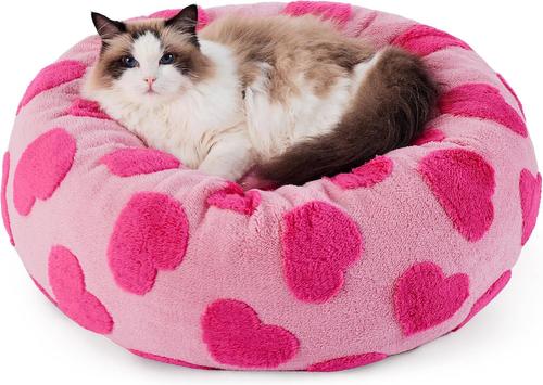 Show full view: Lesure Calming Cute Modern Plush Jacquard Shaggy Orthopedic Anti-Slip Donut Dog & Cat Bed with Removable Cover, Pink Hearts, X-Small slide 7 of 10
