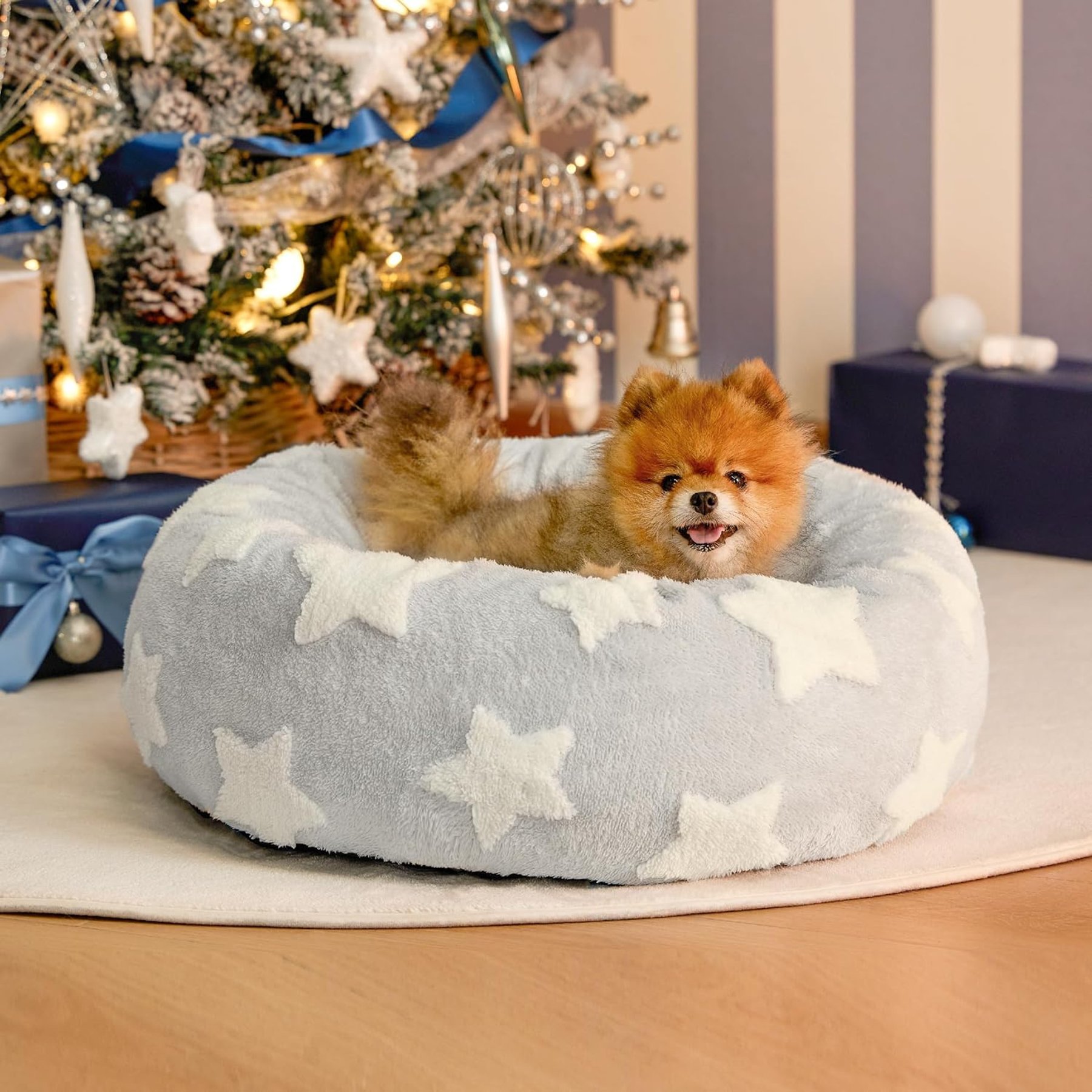 Lesure Calming Cute Modern Plush Jacquard Shaggy Orthopedic Anti-Slip Donut Dog & Cat Bed with Removable Cover, Grey Galaxy, Small