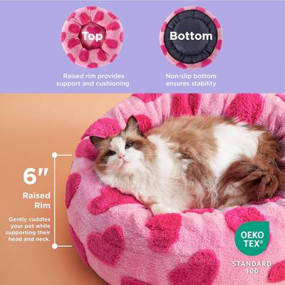 Show full view: Lesure Calming Cute Modern Plush Jacquard Shaggy Orthopedic Anti-Slip Donut Dog & Cat Bed with Removable Cover, Pink Hearts, X-Small slide 3 of 10