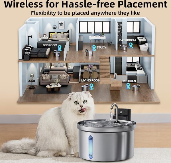 Casfuy PWL-008 Wireless Smart 3-Mode Stainless Steel Cat Water Fountain, 108-oz