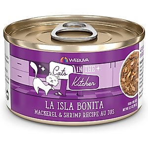 Weruva Cats in the Kitchen La Isla Bonita Mackerel & Shrimp Au Jus Grain-Free Canned Cat Food, 3.2-oz, case of 24