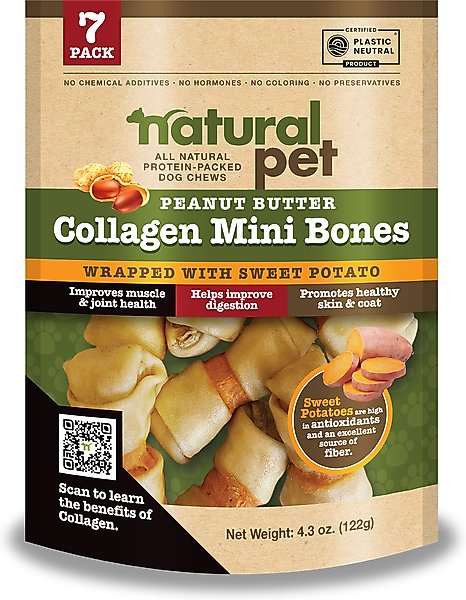 Show full view: Natural Pet Collagen Mini Bones Peanut Butter with Sweet Potato Natural Dog Chew Treats, 7 count slide 1 of 2