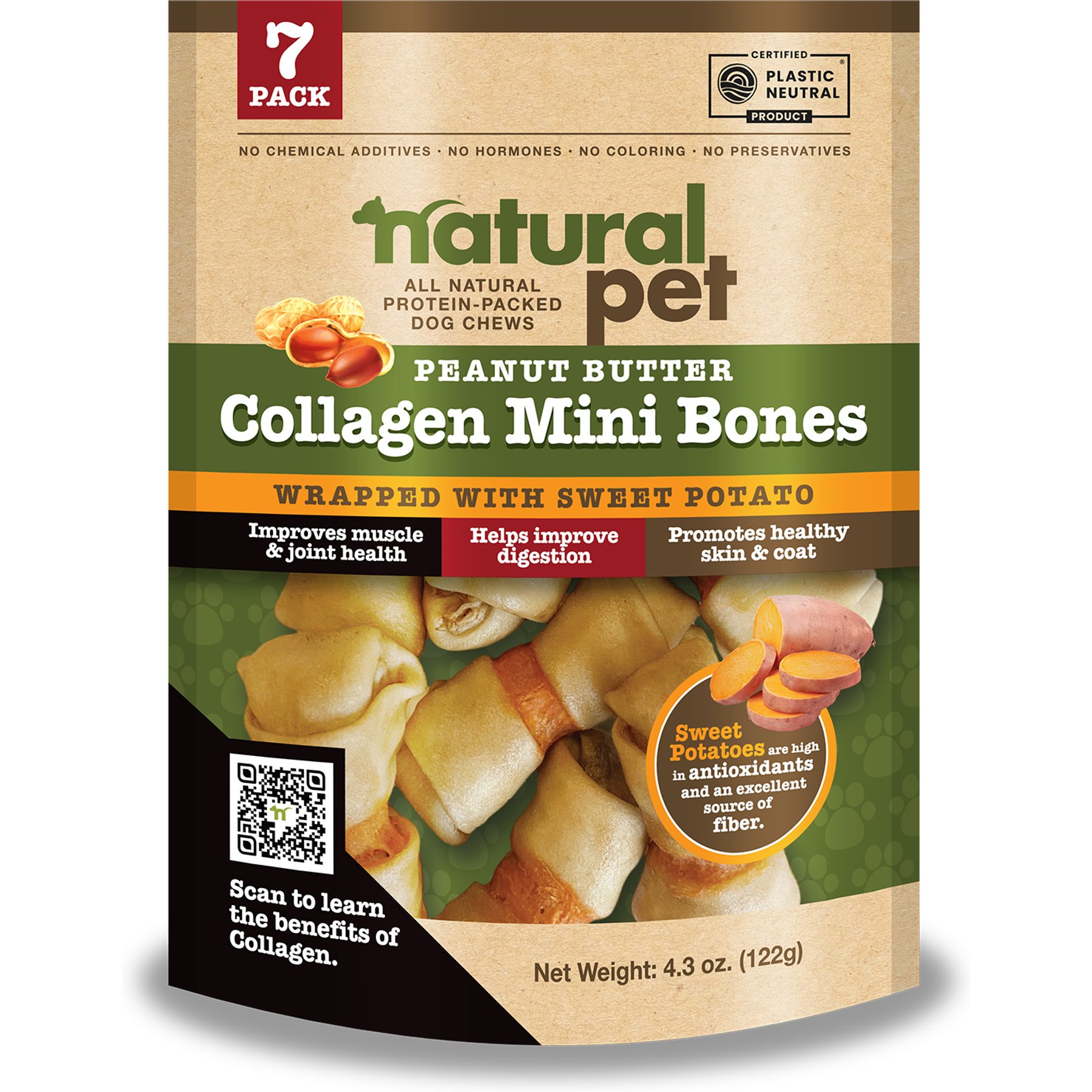 Natural Pet Collagen Mini Bones Peanut Butter with Sweet Potato Natural Dog Chew Treats, 7 count