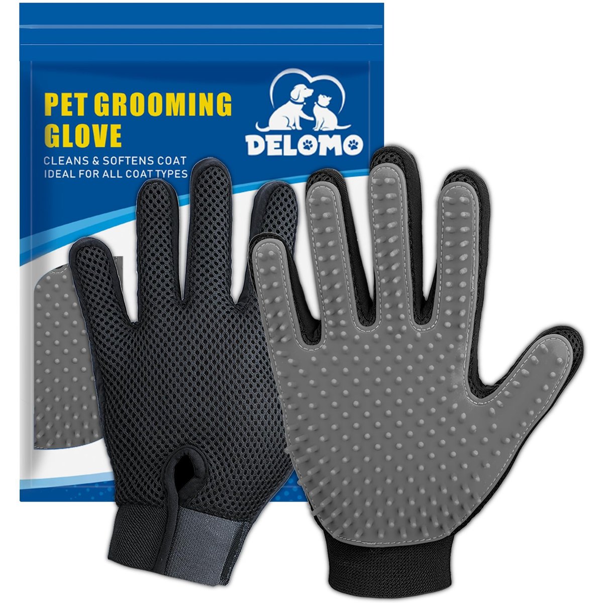 Delomo Dog, Cat Horse & Small Pet Grooming Glove, Gray
