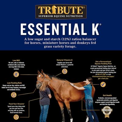 Show full view: Tribute Equine Nutrition Essential K Low-NSC Horse Feed, 50-lb bag slide 3 of 7