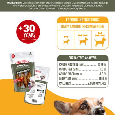 Show full view: Beefeaters Chicken Wraps Rawhide Free Dog Treat, 1.76-oz bag, case of 12 slide 6 of 8