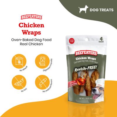 Show full view: Beefeaters Chicken Wraps Rawhide Free Dog Treat, 1.76-oz bag, case of 12 slide 3 of 8