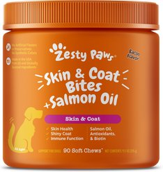 Zesty Paws Skin & Coat Bites Bacon Flavored Soft Chews Salmon Oil Supplement for Dogs, 90 count