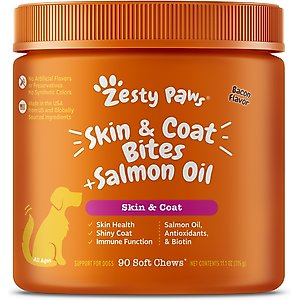 Zesty Paws Skin & Coat Bites Bacon Flavored Soft Chews Salmon Oil Supplement for Dogs, 90 count