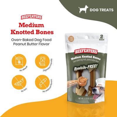 Show full view: Beefeaters Peanut Butter Medium Knotdbone Rawhide Free Dog Treat, 2.32-oz bag, case of 12 slide 3 of 8