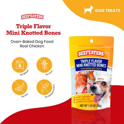 Show full view: Beefeaters Triple Flavor Mini Knotted Bone Jerky Dog Treat, 1.26-oz, case of 12 slide 4 of 9