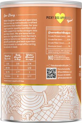 Show full view: Fido's Bone Broth Longevity Grass-Fed Beef Bone Broth Powdered Dog Food Topper, 7-oz jar slide 9 of 10