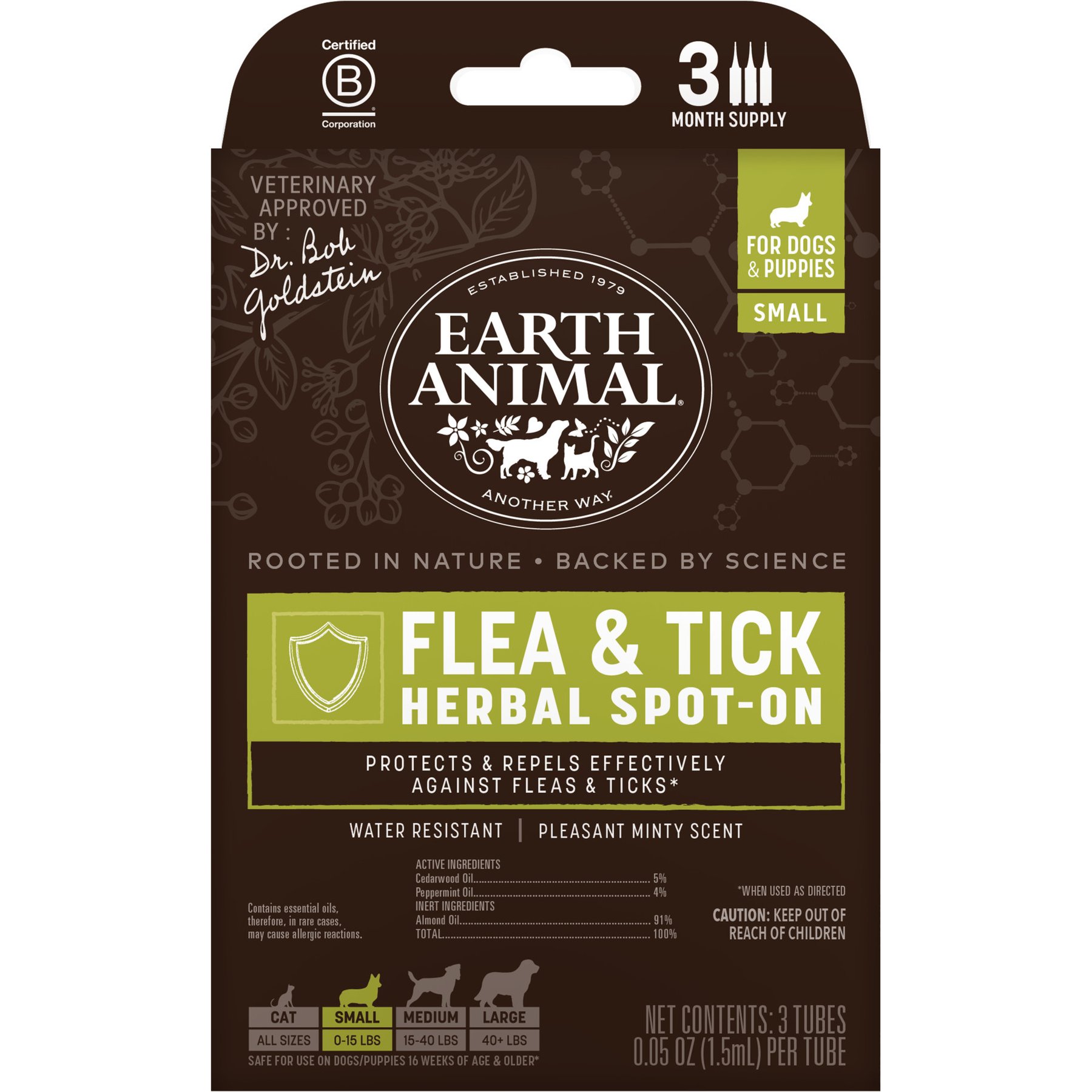 Earth Animal Apothecary Natural Flea & Tick Herbal Spot Treatment for Dogs & Puppies, 0-15 lbs, 3 doses (3-mos. supply)