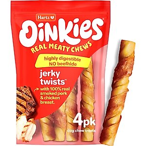 Hartz Oinkies Jerky Twists with 100% Real Chicken Breast & Smoked Pork Rawhide-Free Natural Dog Treats, 4 count