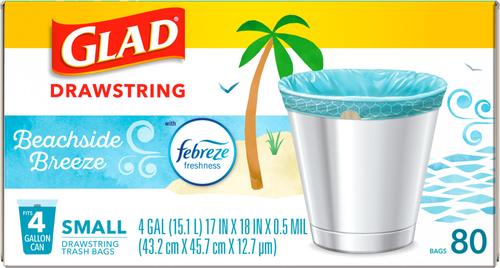 Show full view: Glad Odor Shield Drawstring Trash Bags, 4-gal, 80 count, Beachside Breeze Scent slide 4 of 10