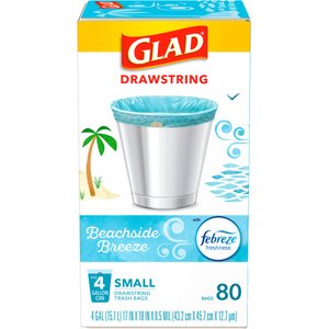 Glad Odor Shield Drawstring Trash Bags, 4-gal, 80 count, Beachside Breeze Scent