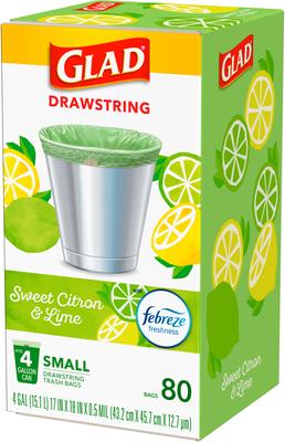 Show full view: Glad Odor Shield Drawstring Trash Bags, 4-gal, 80 count, Sweet Citron & Lime Scent slide 3 of 10